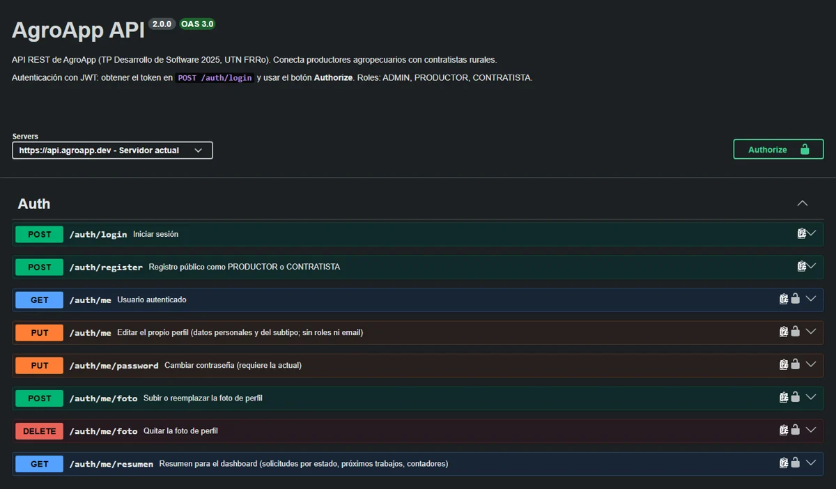 AgroApp API documentation in Swagger: version 2.0.0, JWT authentication, and auth endpoints such as POST /auth/login and GET /auth/me.