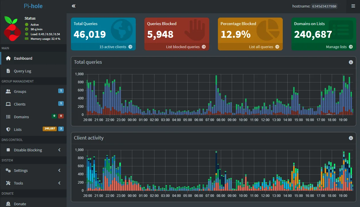 Pi-hole dashboard: 46,019 queries, 5,948 blocked, 240,687 domains on lists.